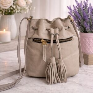 Fossil Taupe Leather Drawstring Crossbody Bucket Bag